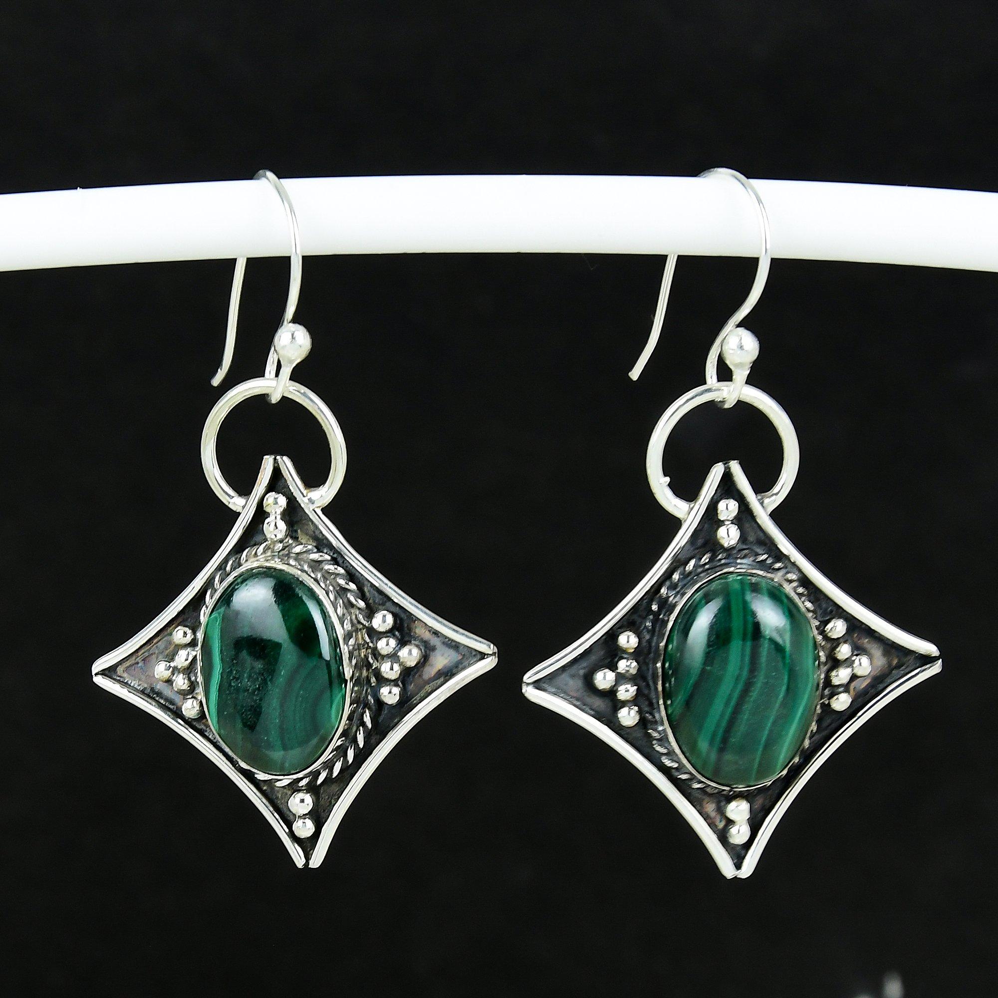 

Серьги из натурального малахита, старинные серьги из стерлингового серебра 925 пробы, серьги-подвески из серебра в стиле бохо, подарки для вечеринок, подарки для нее 4 Cm зелёный