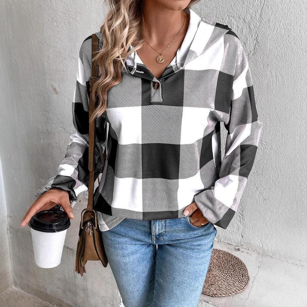 Neutral Plaid Print Hooded Long Sleeve Sweatshirt: Loose and Casual Autumn/Winter Women's Fashion
