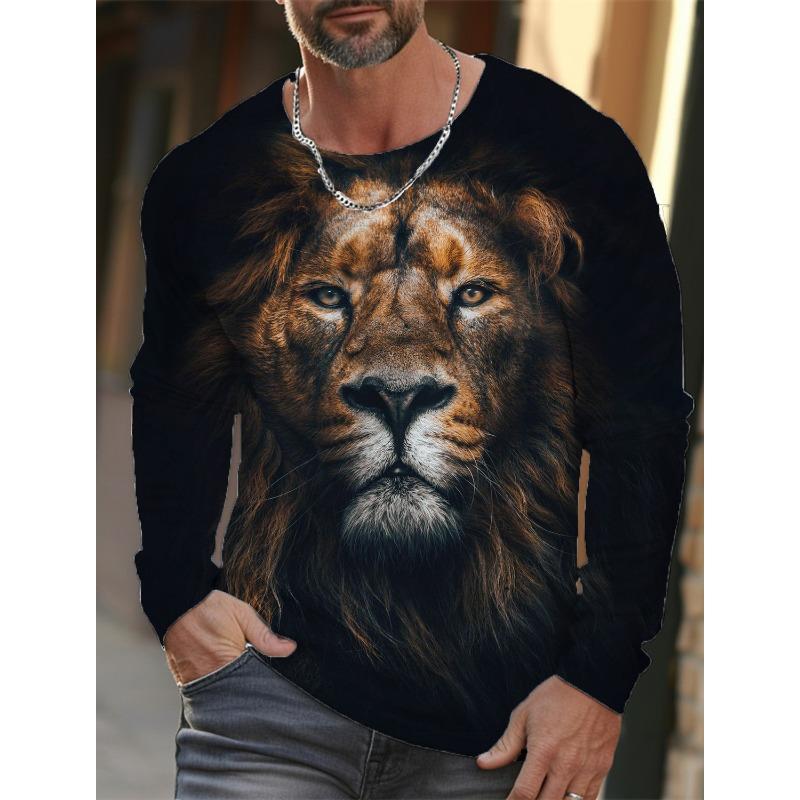 Men's T-shirt Pattern Lion Pattern Printing Round Neck Brown 3D Printing Outdoor Daily Long Sleeved Printing Clothing Designer