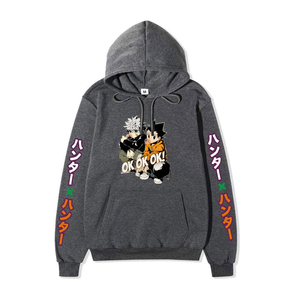 Hunter X Hunter Gon Killua Unisex Fleece Hoodie Vertical Japanese Text Sleeve Anime OK Print Long Sleeve Pullover Sweatshirt