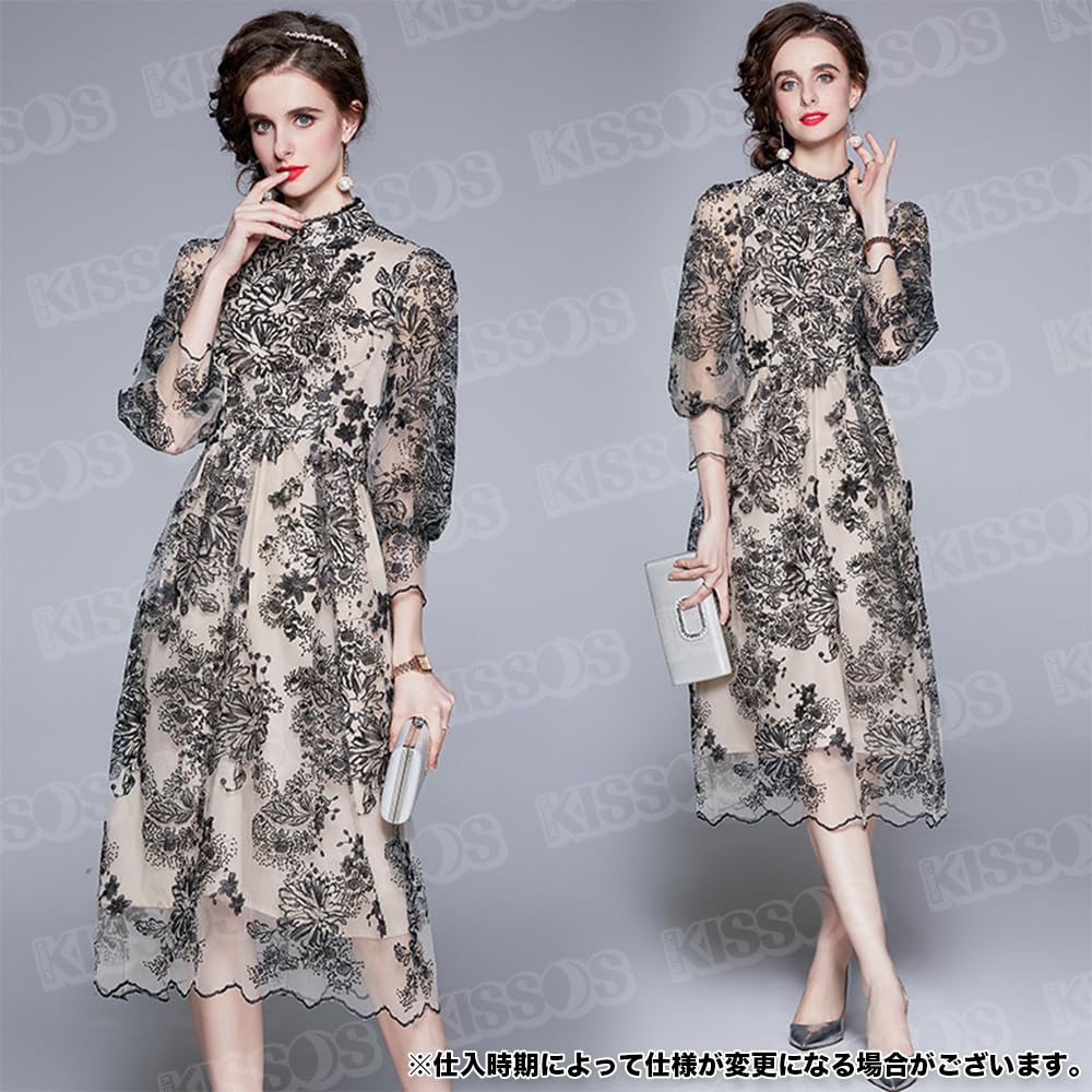 KISSOS Lace Embroidered Dress with Perfect for and Special Black Women's 3/4 Sleeves, Parties, Weddings, Occasions, (Size L)