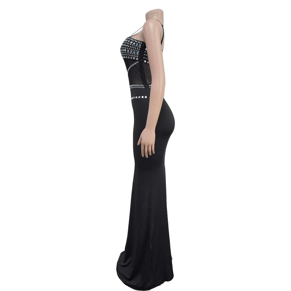 C6989 European & American Fashion Women's Rhinestone Mesh Long Dress