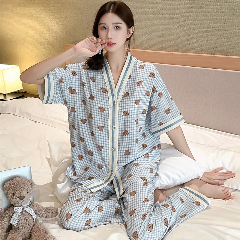 Summer short-sleeved bubble cotton yarn pleated pajamas female Internet celebrities popular trousers loungewear set