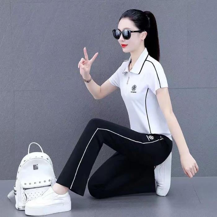 Fashion Sportswear Set for Women's Summer Stylish Short-sleeved Large-sized Casual Pants and Wide-leg Trousers Two-piece Set