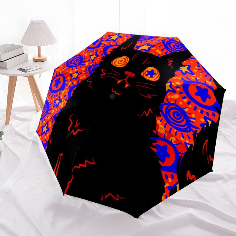 1 Stück Psychedelische Katze Automatischer Faltregenschirm, Tragbares faltbares Design, Lässiges Outdoor-Accessoire, für alle Jahreszeiten004