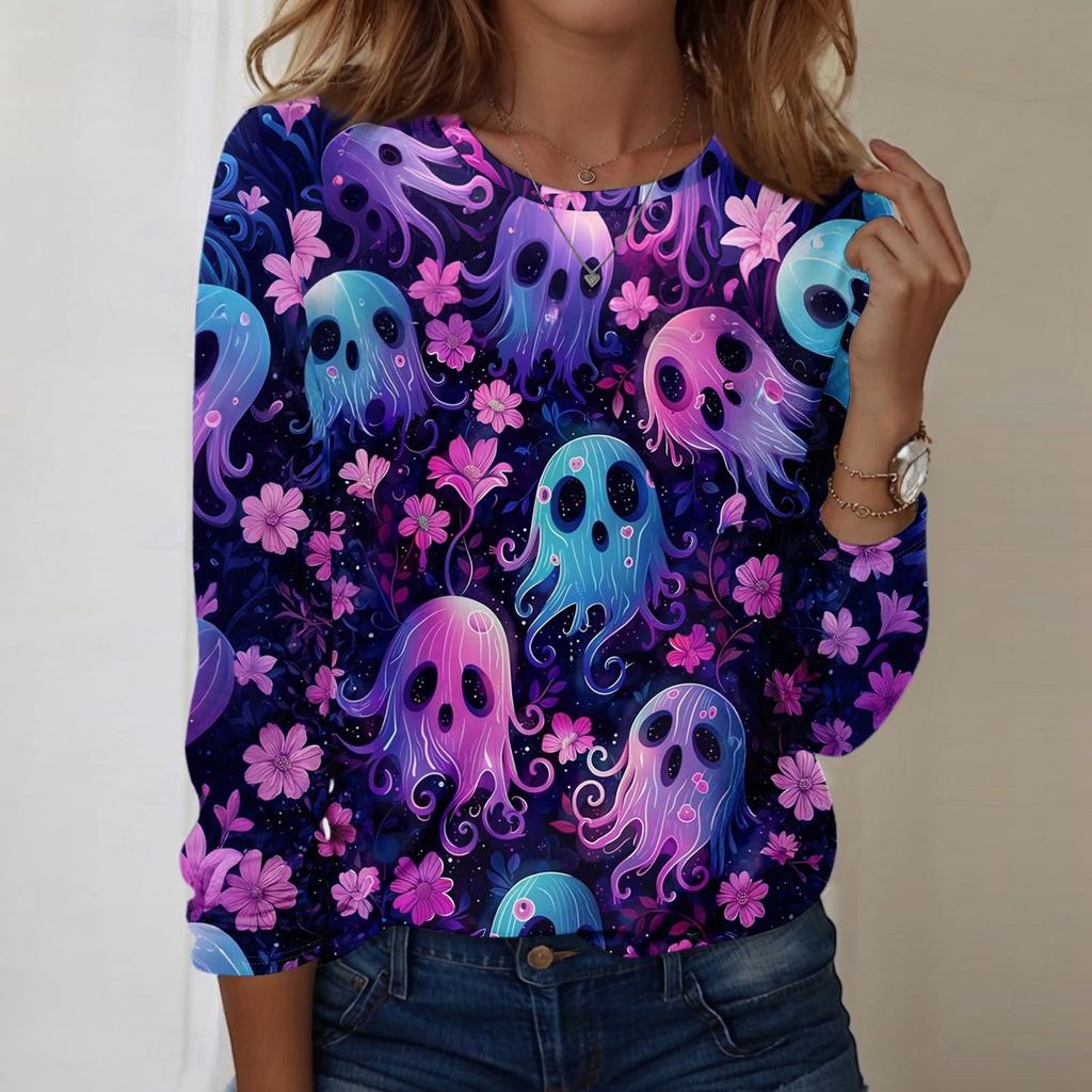Damen Halloween bedrucktes rundhalsiges lockeres langärmeliges Oberteil