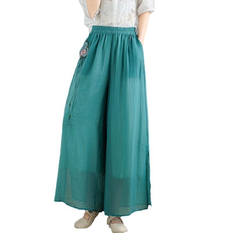 2025 Summer New Loose and Thin Tencel Embroidered Wide-leg Pants Women's Literary Elastic Waist Nine-point Double-layer Yoga Pants