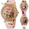 Orologio da polso da donna al quarzo con quadrante rotondo intarsiato di strass a forma di fiore e cinturino in ecopelle