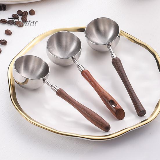 Light Wood Handle Spoon Measuring with Handle, Stainless Steel Baking Scoop, Coffee Corrosion Resistant Scoop Bean Milk Powder Teaspoon for
