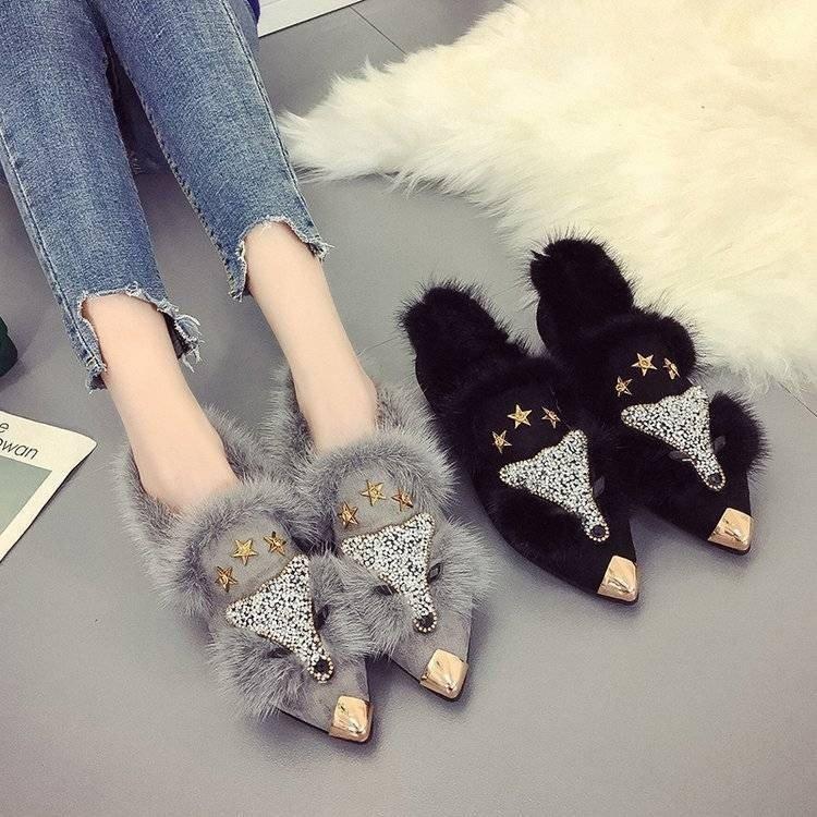 Pointed Hair Shoes Chic New Autumn Beanie Shoes Social Flat-soled with Diamond Shoes