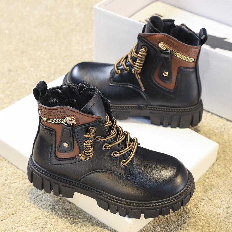 Boy's Winter Boots Fashionable Plush Warm and Casual High Top Cotton Boots Mid-Top Boots Fashion Black Boots