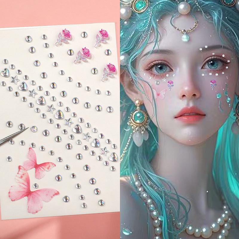 1 Sheet 3D Face Eye Party Makeup Tattoo Sticker Diamond  Sticker Self-Adhesive Mixed  Face Decoration Sticker
