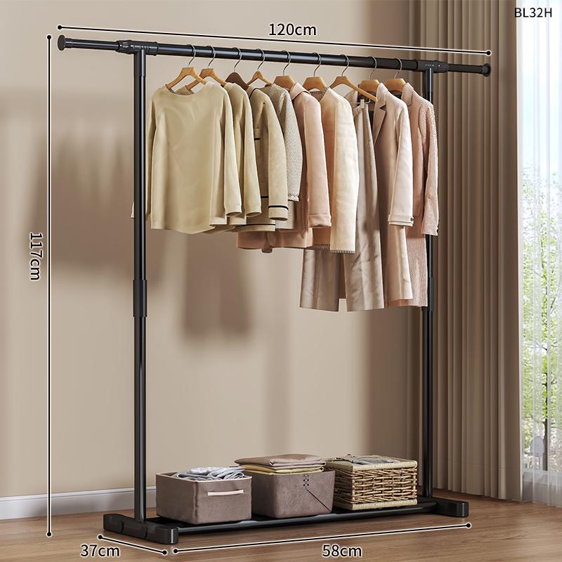 Floor Standing Clothes Rack and Coat Stand with Folding Single Pole for Bedroom or Dormitory.