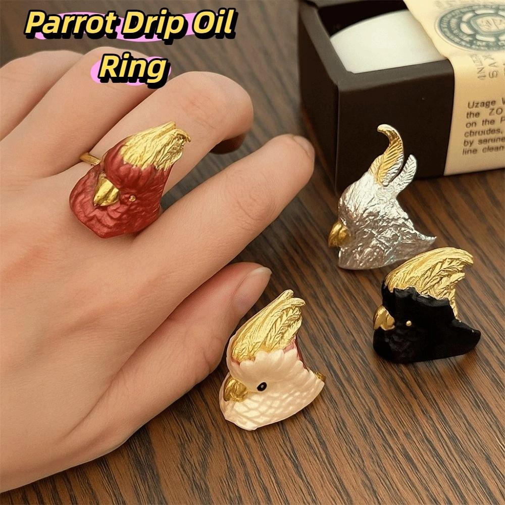 Geometric Exaggerated Ring Minority Design Chunky Enamel Ring Parrot Drip Oil Ring  Decoration
