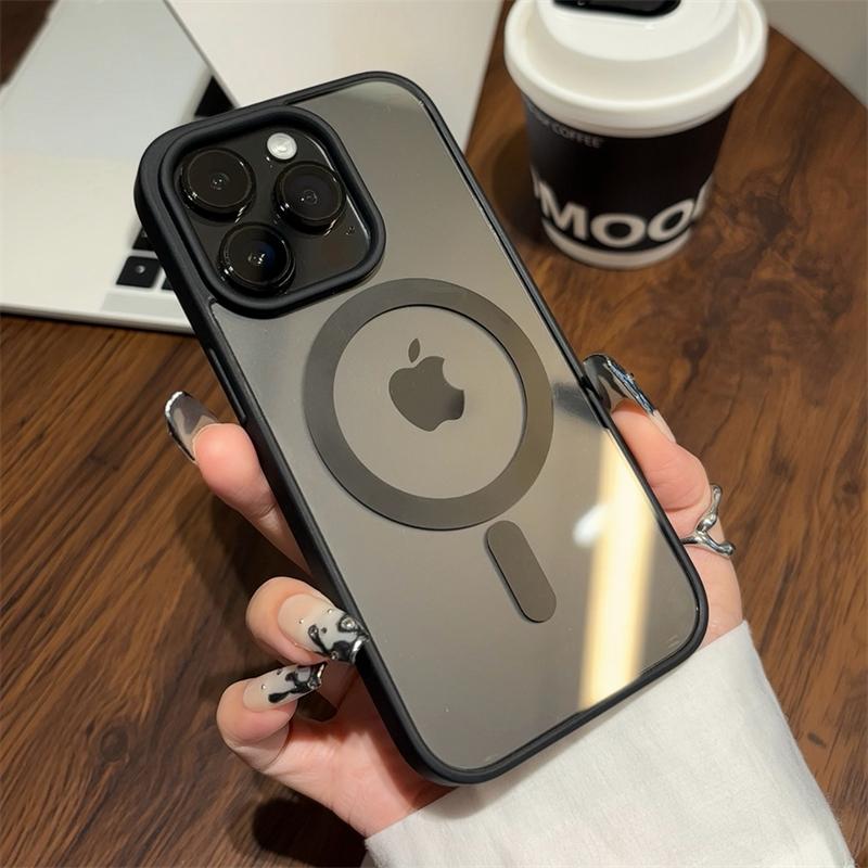 New Matte Border Transparent Antiskid Case for iPhone 16 15 14 13 12 11 Pro Max Plus Strong Magnetic Magsafe Hard Protect Cover
