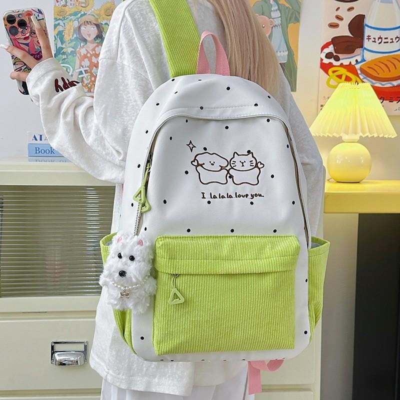 Soft Girl Dot Pattern Nylon Backpack With Cartoon Puppy And Polka Dot Print Designfor Teens And Adults