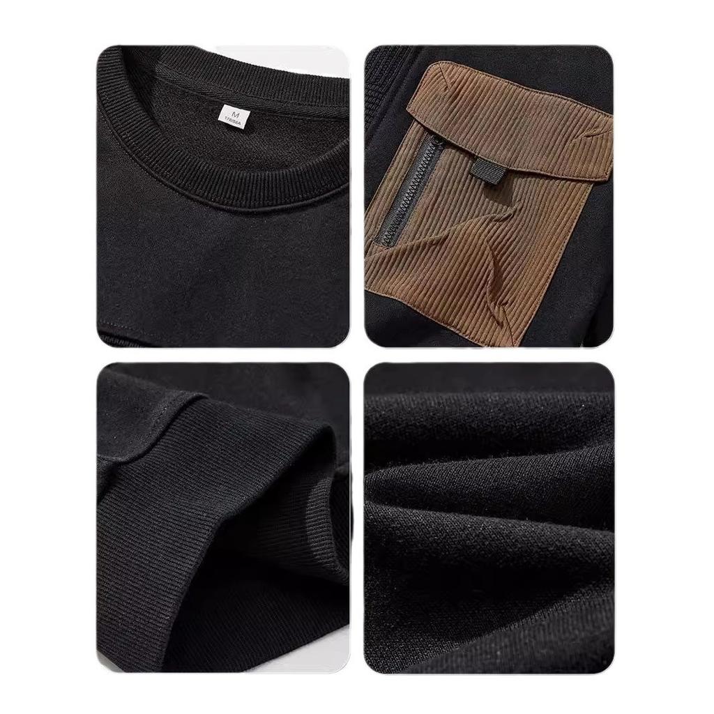 Autumn Trendy Brand Splicing Texture Sweater Men'S American Retro Tooling Pocket Heavy Abraded Loose Crew Neck Top