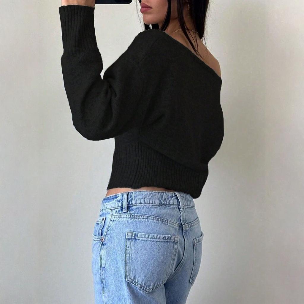 Women's Casual Fashion Off,Shoulder Color Short High,Waisted Slimming Sweater