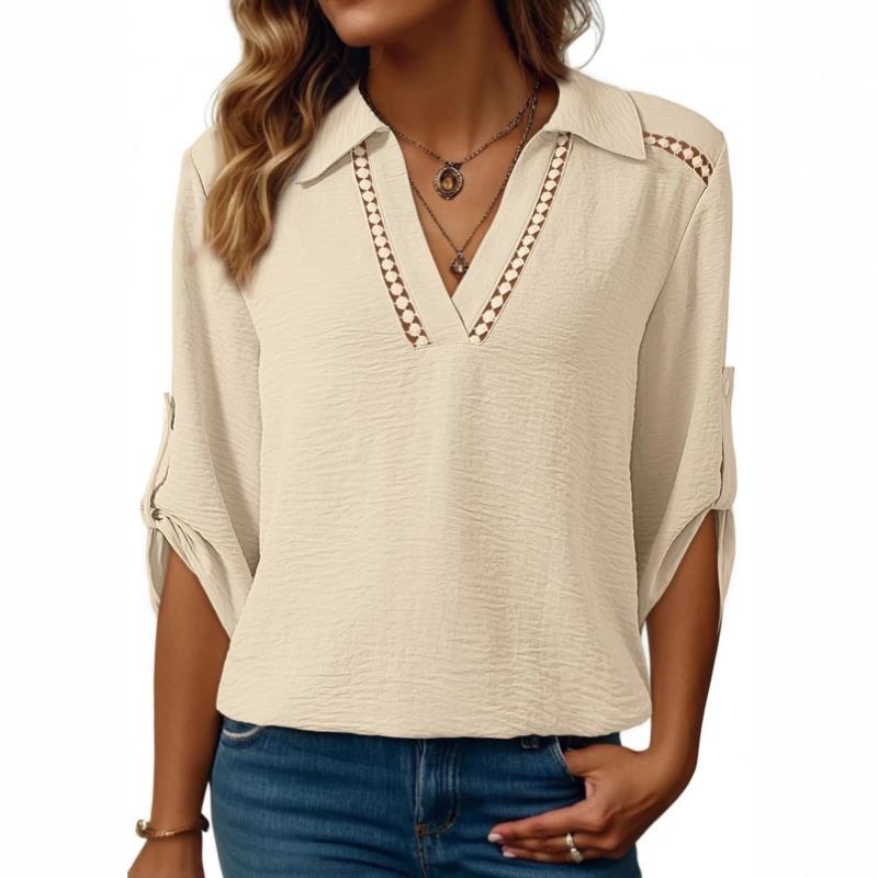 

2026 Модный Повседневный Однотонный Топ для Женщин с V-образным Вырезом, Рукавом Три Четверти, Универсальный S абрикосовый