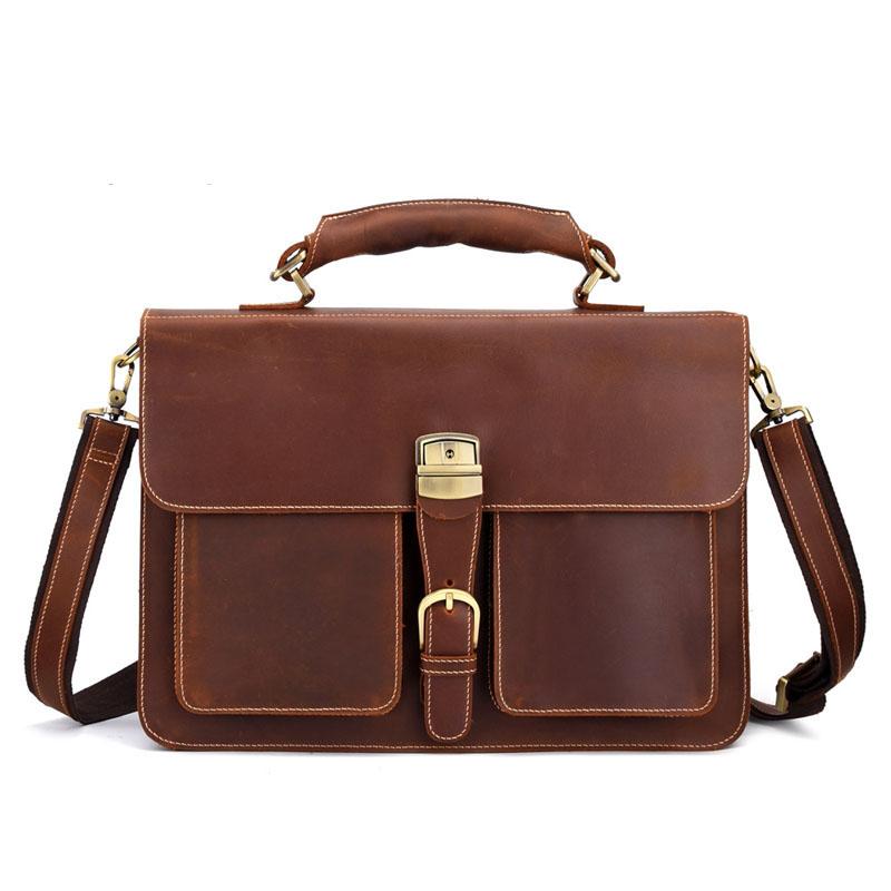 Fashion Retro large capacity leather mens briefcase top layer leather laptop bag crazy horse skin 15 inch computer Messenger bag