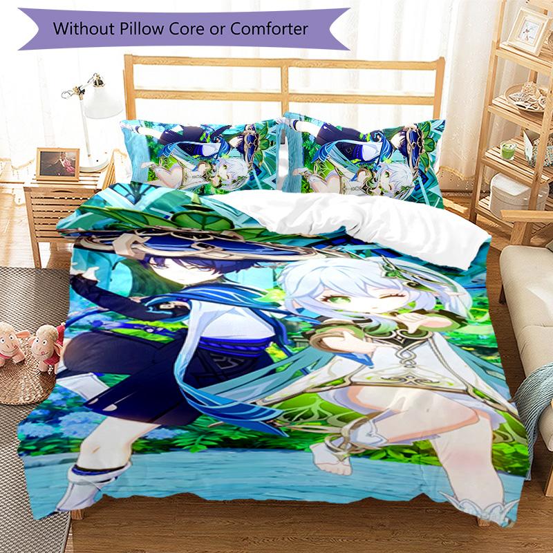 3pcs Genshin Impact characters8 pattern bedding set duvet cover set includes duvet cover &pillowcases, perfect all season bedroom decoration & gift
