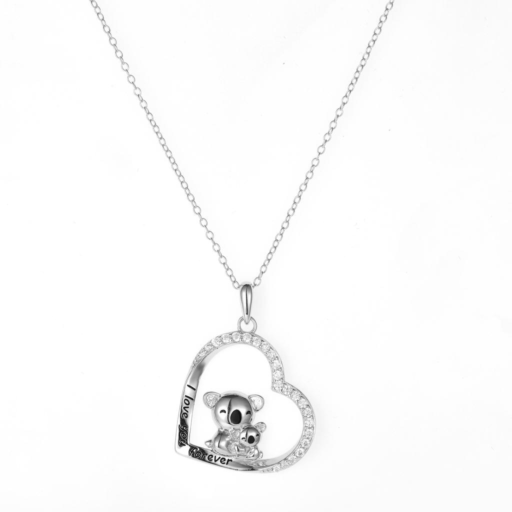 Koala Mother with Child Real Zircon Heart Pendant in Sterling Silver Mothers Day Gift