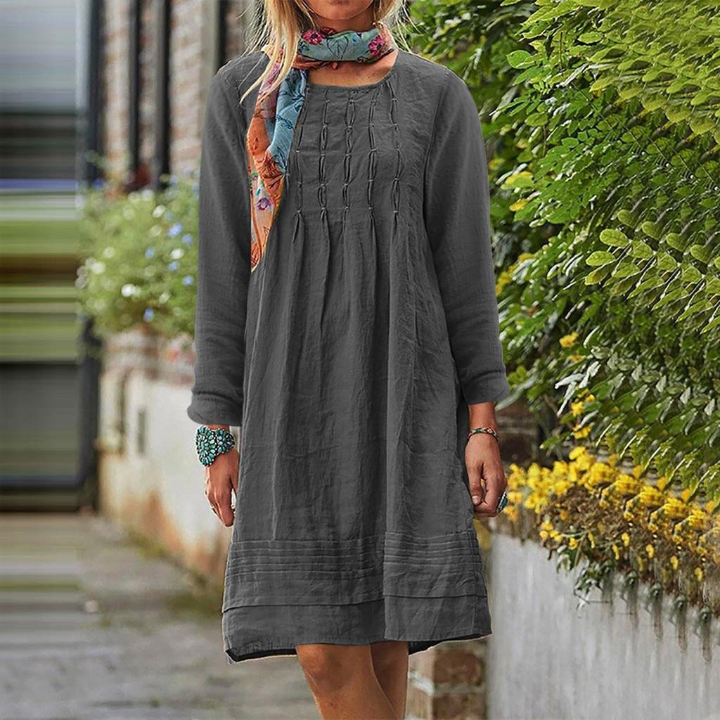 Women's Round-neck Solid-color Loose Casual Cotton And Linen Dress