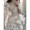 Sweet little fly sleeve floral dress female summer small man bow waist fugitive princess puffy skirt