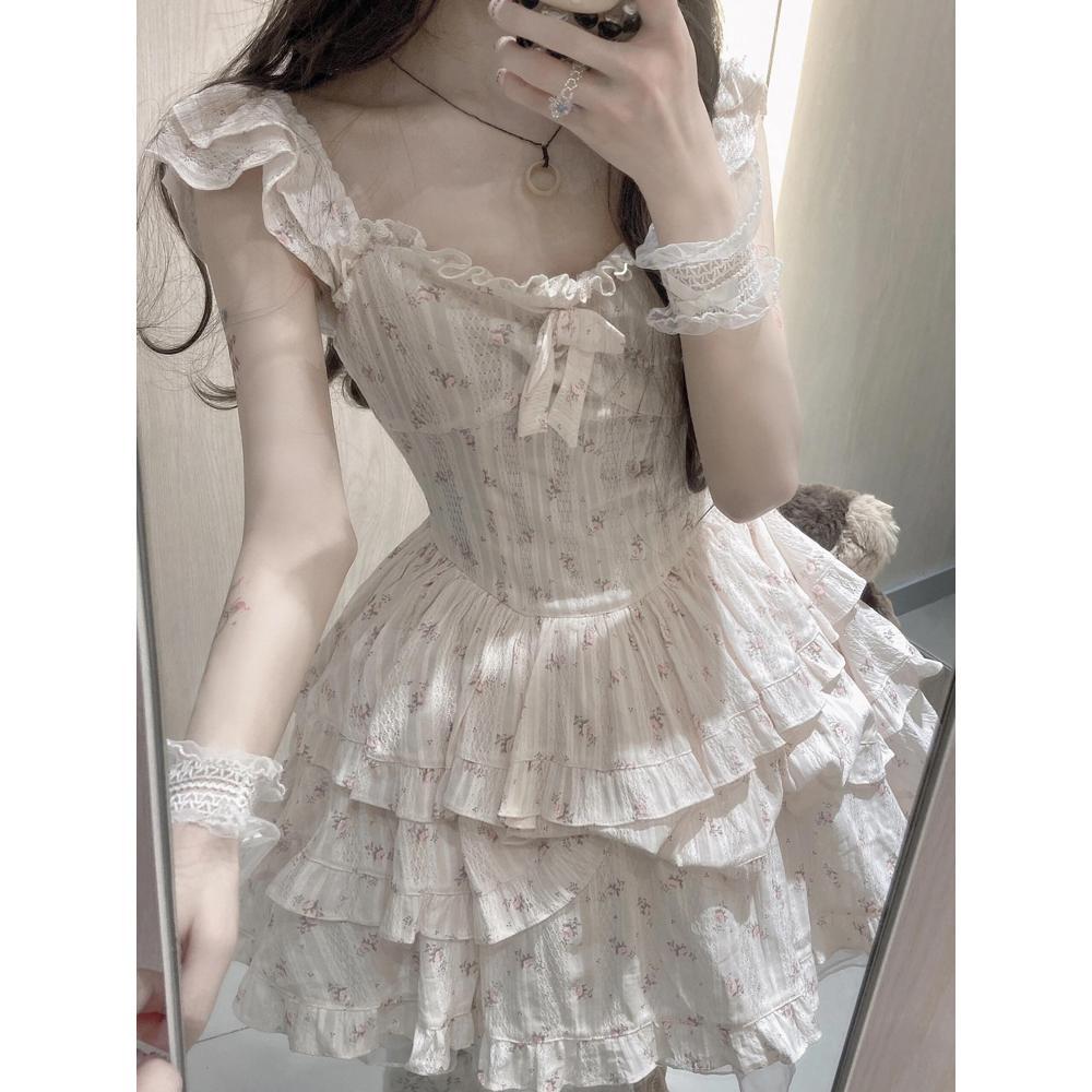 Sweet little fly sleeve floral dress female summer small man bow waist fugitive princess puffy skirt
