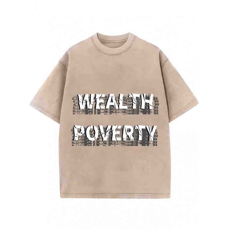 

European Size Washed-Vintage Washed WEALTH POVERTY Printed Black Short-Sleeve T-Shirt for Men And Women | Casual Edge Style, Round Neck, Loose Fit 5XL золотий