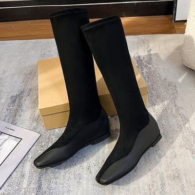2024 Mode Quadratischer Niedriger Absatz Damen Elegant Slipper Lange Stiefel Winter Spitz Damenschuhe Leicht und Bequem