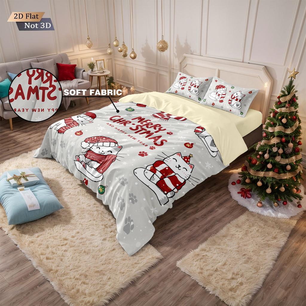 3pcs Christmas Cartoon Kitten Printed Chipless Bedding Set Soft Dormitory Bedroom Multiple Sizes Machine Washable