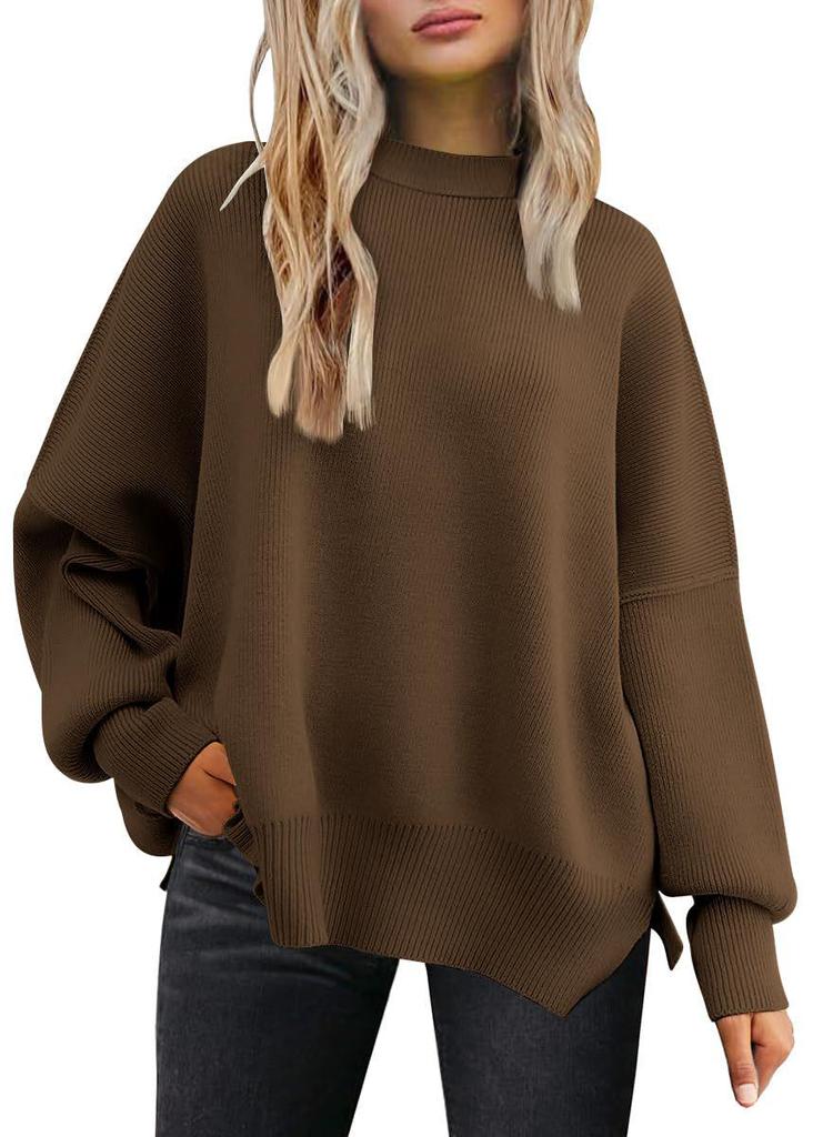 2025 Women's Round Neck Batwing Long Sleeve Knit Sweater with Exposed Seam and Side Slit