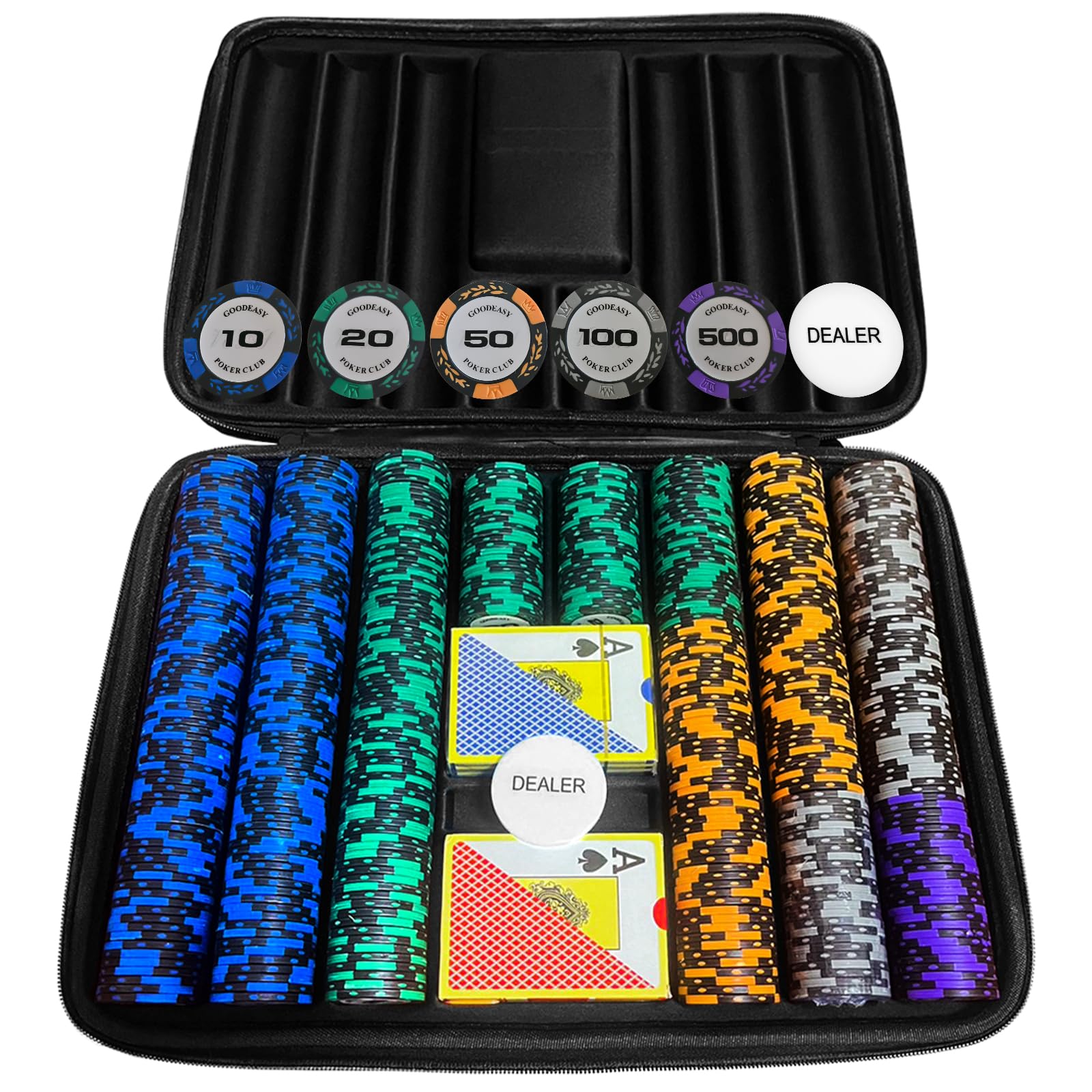 

GOODEASY 500 Покерных Фишек Набор для Покера Глиняные Фишки 2 Колоды Игральных Карт Легкий Кейс в Комплекте Новичкам Добро Пожаловать Домашнее Казино Подарочная Упаковка Доступна