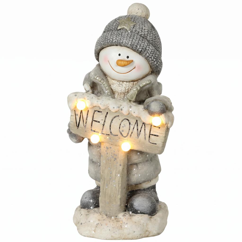 Christmas Decoration Snowman Figure, Illuminated Christmas Statue made of MGO with Welcome Sign, LEDs and Daily Timer