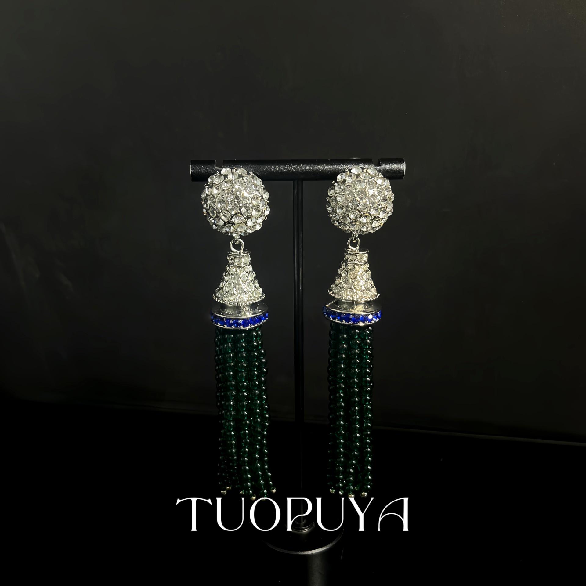Handmade Lapis Lazuli Necklace  Green Tassel Earrings Set