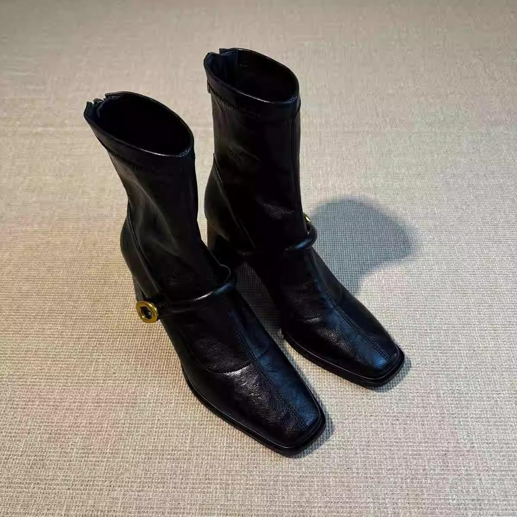 Cowhide version~ Square head high heel thin boots women's French thick heel retro rear zipper soft leather short boots elastic fashion boots