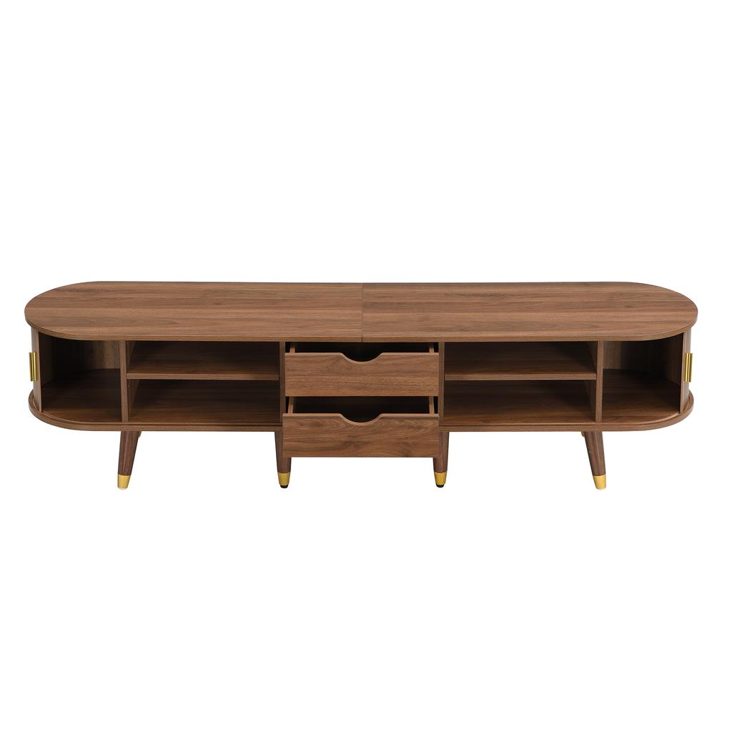TV Cabinet 175 Cm with Rattan Sliding Door, Walnut Look & Lots of Storage Space - Country Style Table with Open Compartments, Drawers - Natural Design