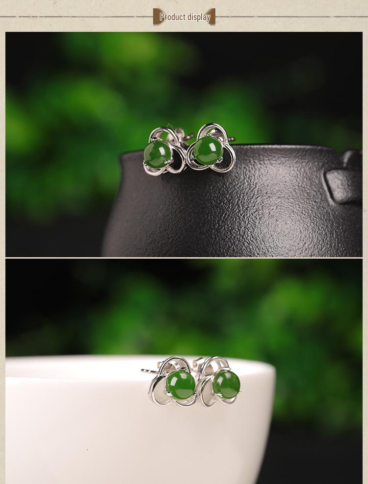 **Green Jade Flower Stud Earrings for Women - 925 Sterling Silver with Certificate**