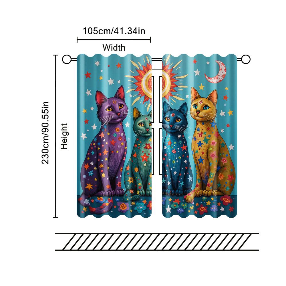 Set Of 2 Filtering Curtains Excluding Rods Non Movable Without Batteries Style Sun Moon Cats Use Bohemian Made Polyester