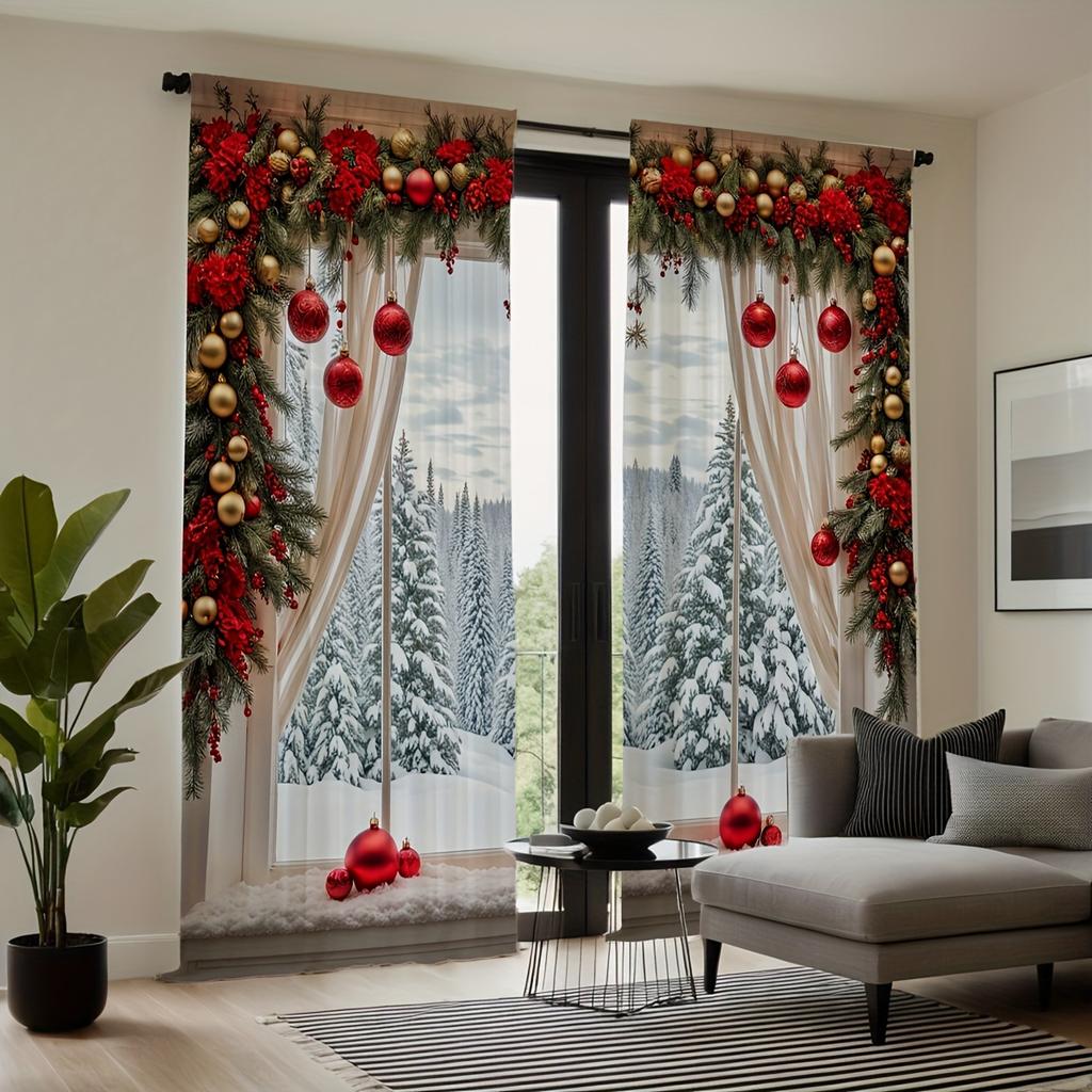 2pcs Festive Christmas & Green Pine Print Curtains,Rod Pocket Design for Easy Hanging, Perfect for Living Room, Office,Bedroom