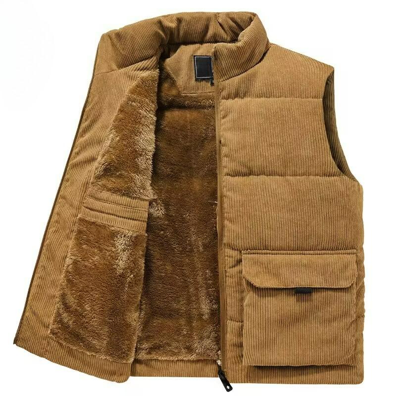 Winter Men's Corduroy Vest Plus Velvet Thickened Vest Men's Plus Size Stand-up Collar Waistcoat Multi-pocket Tooling Trend