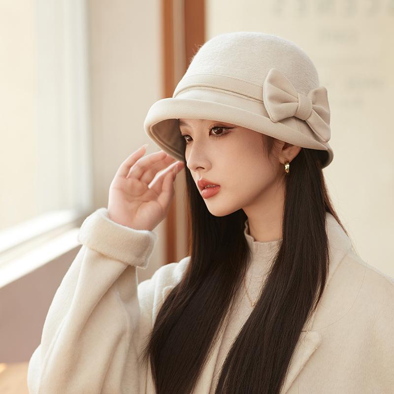 Pălărie Doamnă Toamnă și Iarnă Temperament Retro Pălărie Găleată cu Fundă Creponată