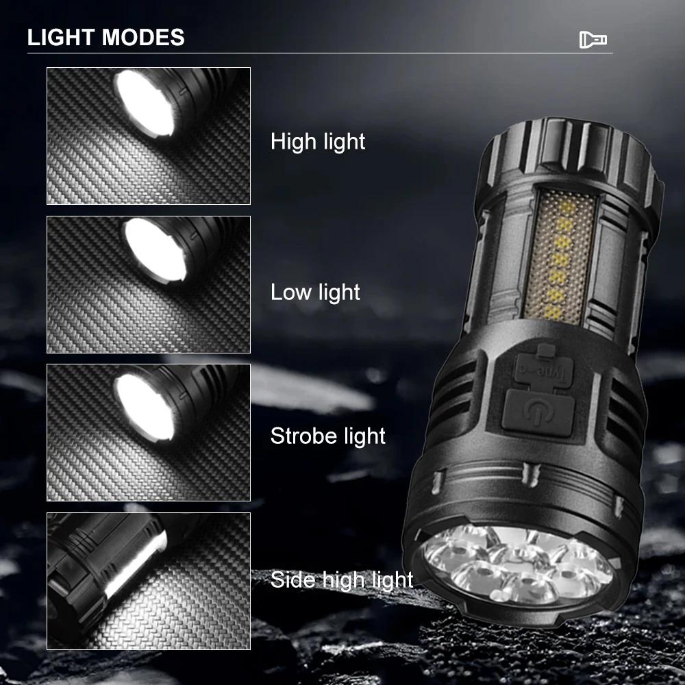 Latarka LED o dużej mocy z boczną lampą COB, ładowalna przez USB-C, wodoodporna, mini latarka do biwakowania na świeżym powietrzu, wędrówek i sytuacji awaryjnych