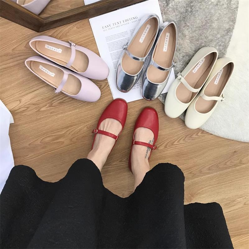 Fashion Flat Shoes Women's 2025 Spring New Red Round Toe Mary Jane Shoes Silver Working Outdoor Plus Size 42 43 44 Women's Shoes