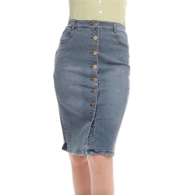 Women Fashion Denim Skirt Summer Button Design Split Front Skirts