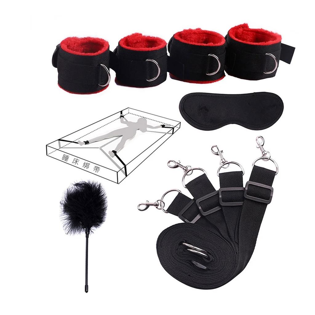 Couple Sex Toy BDSM Bed Restraint Equipment Set Sex Erotic Handcuffs Ankle Eye Mask Whip Alternative Training Game