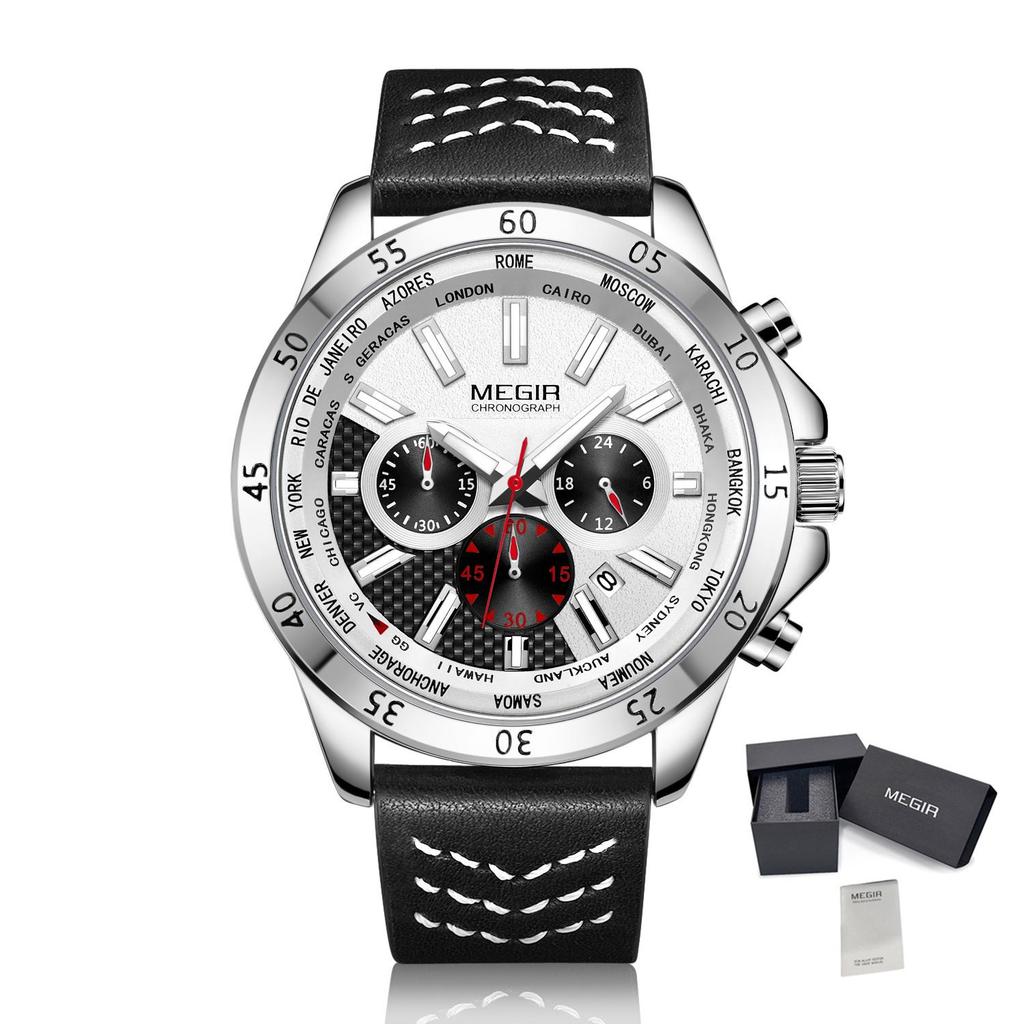 MEGIR Sports Watches for Men Luxury Quartz Clock Chronograph Leather Fashion Casual Wristwatch Military Watch Reloj Hombre 2103