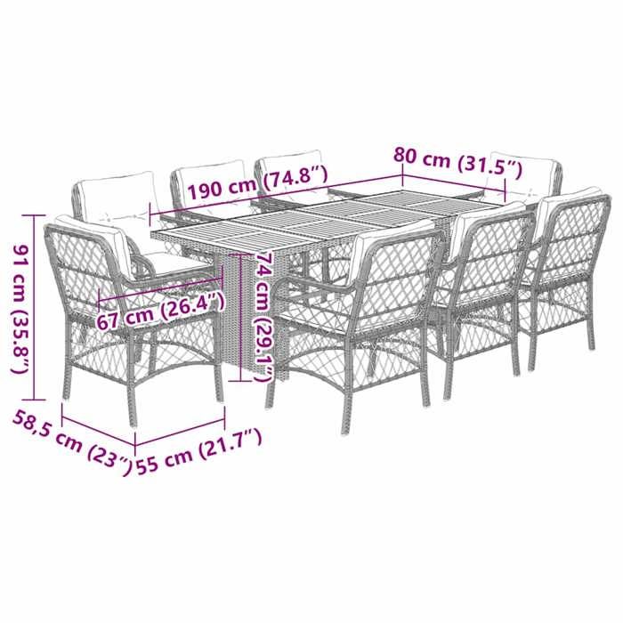 VidaXL 9-Piece Garden Dining Set with Cushions, Patio Table and Chairs, Patio Furniture, Outdoor Furniture, 3212073