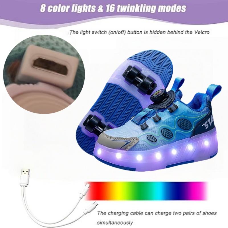 Children Roller Skating Shoes Anti-collision Durable Walking Shoes LED Lights USB Charging Four-wheel Skate Shoes for Kids